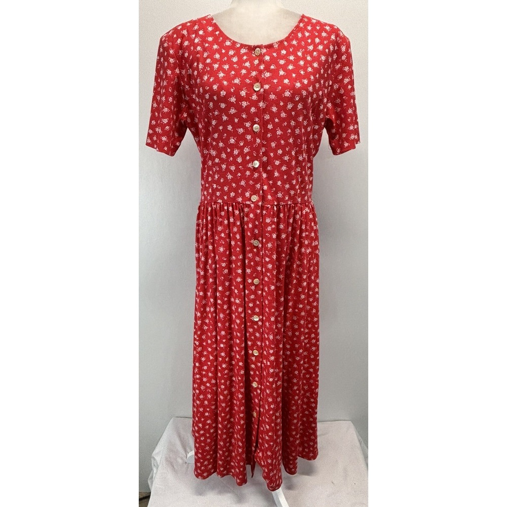 Vtg Fenwick Red Floral Midi Dress Sz Medium Women's Button Front Cottagecore